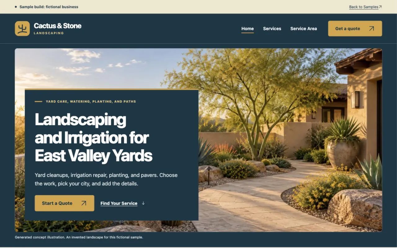 Screenshot of the fictional Cactus & Stone Landscaping website on desktop